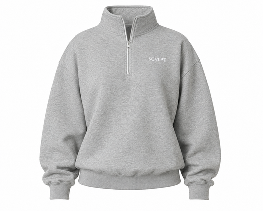 A light gray heathered quarter-zip sweatshirt with a small white embroidered logo on the left chest, displayed on a clean white background.