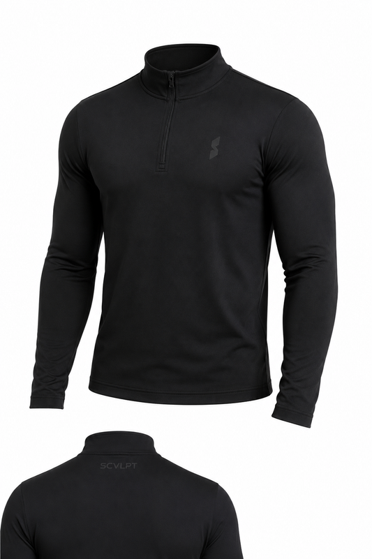 A black long-sleeve quarter-zip pullover top shown from the front and back on a white background. The front features a subtle dark gray logo on the left chest, and the back shows the brand name SCVLPT printed in light gray at the inner collar.