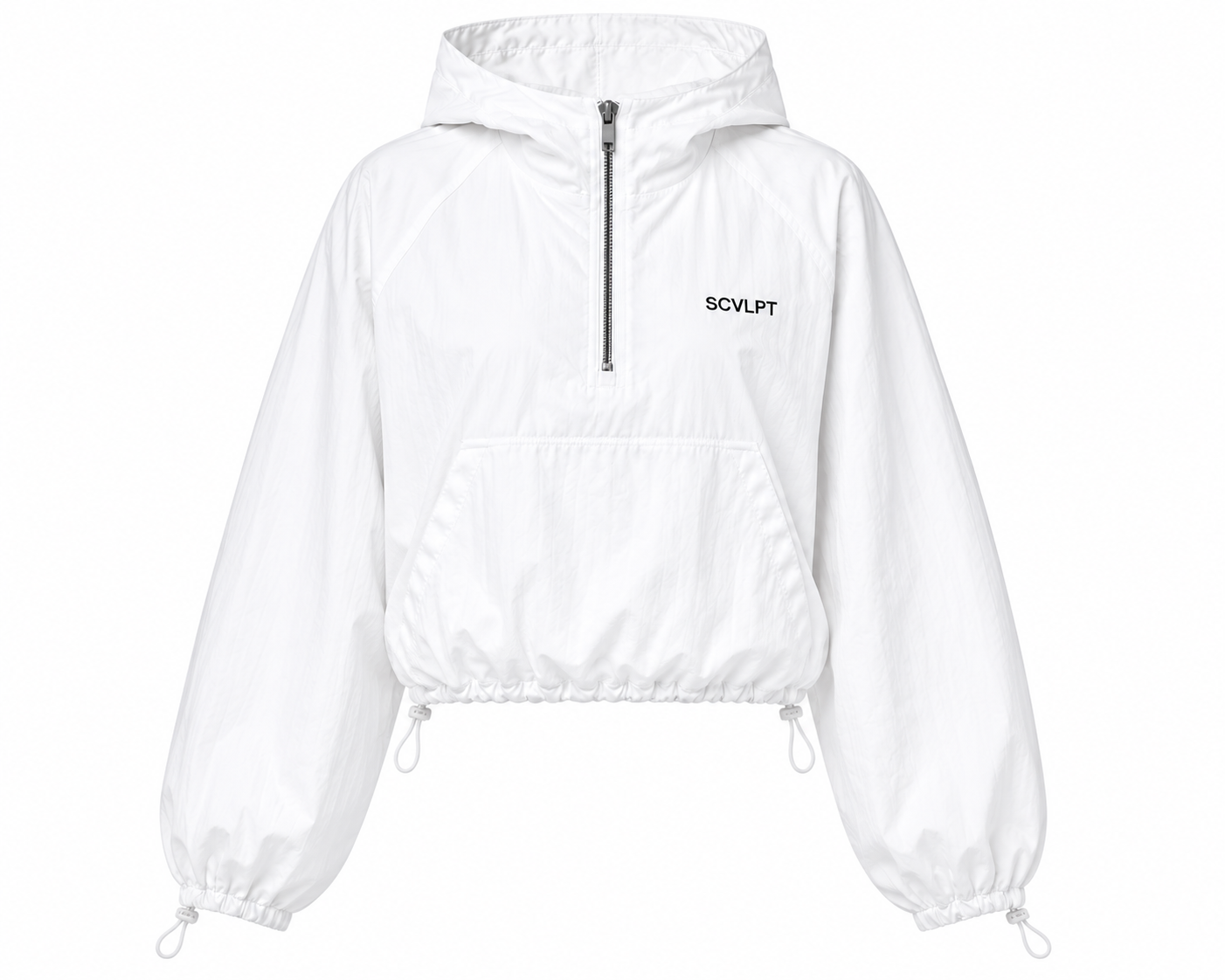 A white cropped hooded windbreaker jacket with a half-zip front, drawstring hem, and elastic cuffs, featuring the brand name SCVLPT printed in black on the left chest.